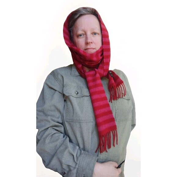 Meg Cohen 100% Cashmere Made in England Long Scarf - Red Fuchsia Stripe 108x5" - Picture 4 of 10